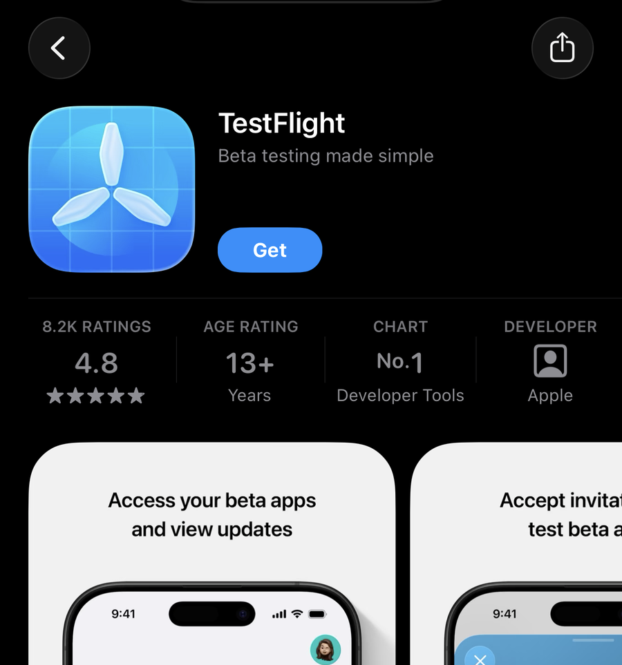 Карточка TestFlight в App Store с кнопкой загрузки