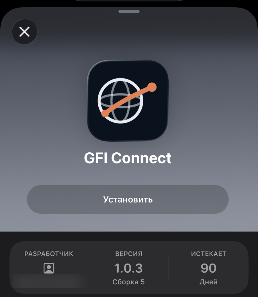 Карточка GFI Connect в TestFlight с кнопкой «Установить»